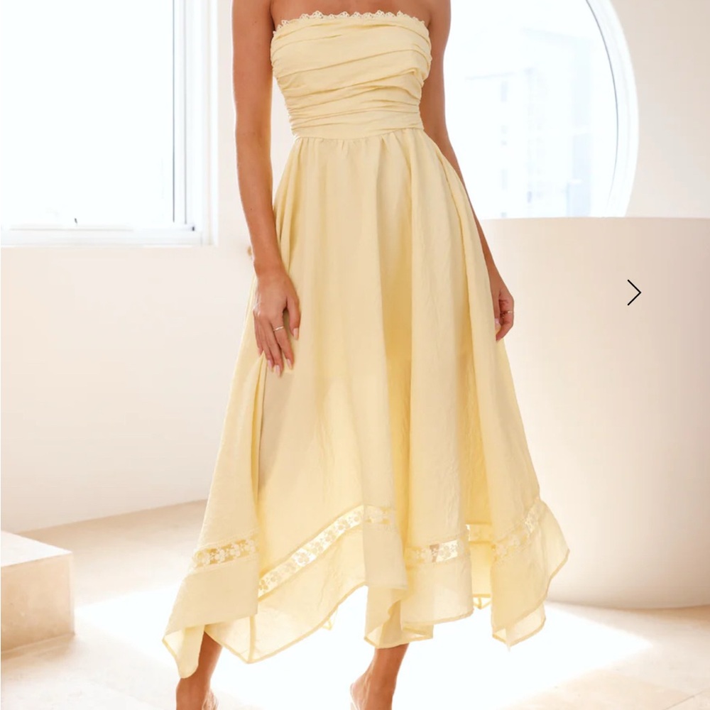 Hello Molly Visit The Moon Strapless Midi Dress Yellow